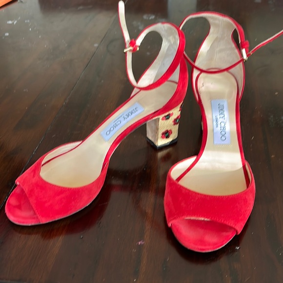 Jimmy Choo straw heel with flowers red suede sandals like new, 2.5’ heel - Picture 1 of 5